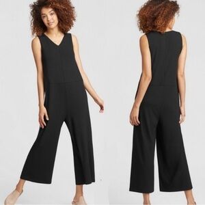 Eileen Fisher Black V Neck Sleeveless wide legs Jumpsuit  size S petite